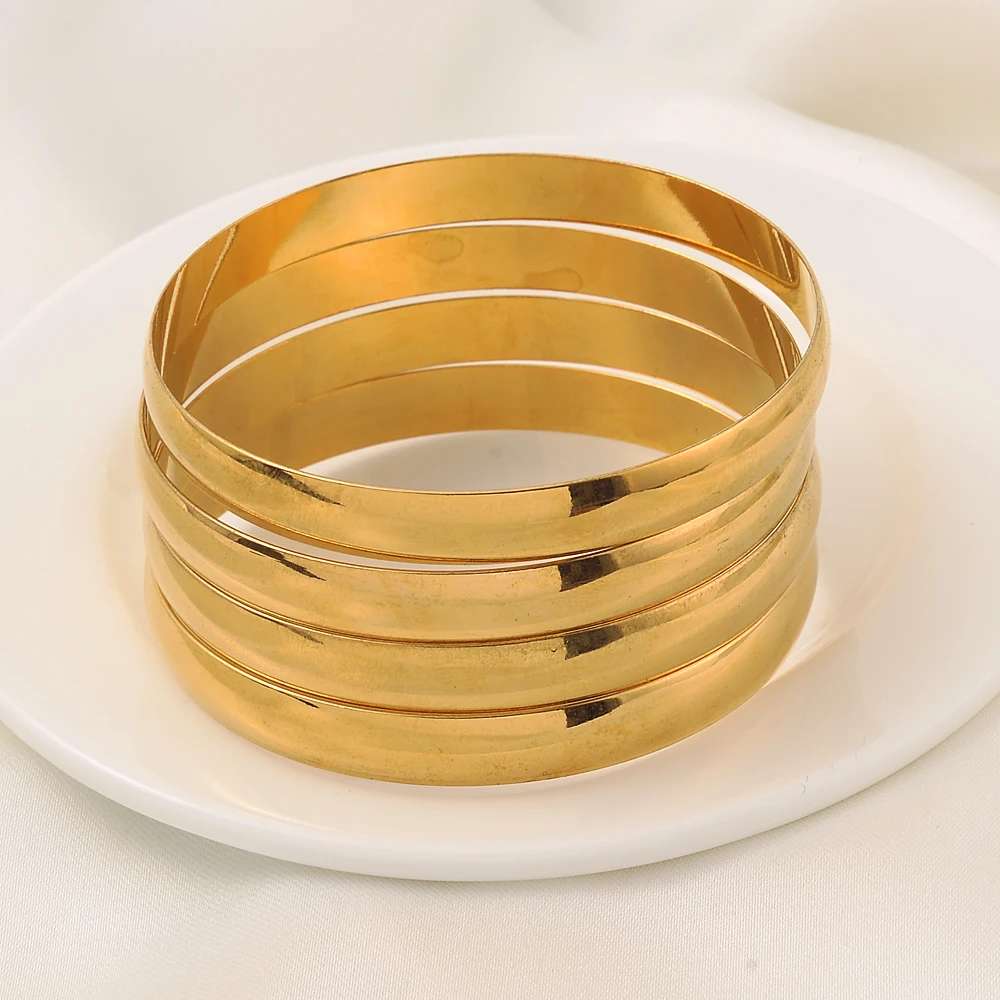 65MM 24K Smooth Gold Dubai Wedding Bangles For Women Ethiopian Jewelry Gold Color Indian Bangles Women Birthday Jewelry Gifts