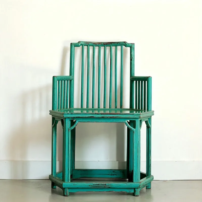 Antique Zen Hexagonal Comb Back Chair, New Chinese Solid Wood Armchair for Tea House & Leisure Corner