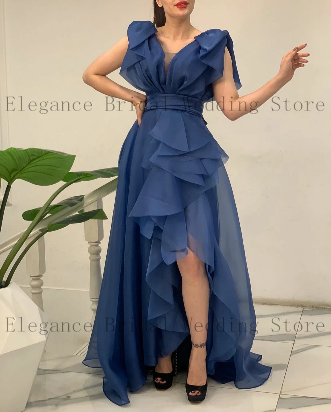 Elegant Long Ruffles Sleeve Prom Dress for Women 2023 Floor Length Pleated Tiered Formal Dress with Split A-Line فساتين السهرة