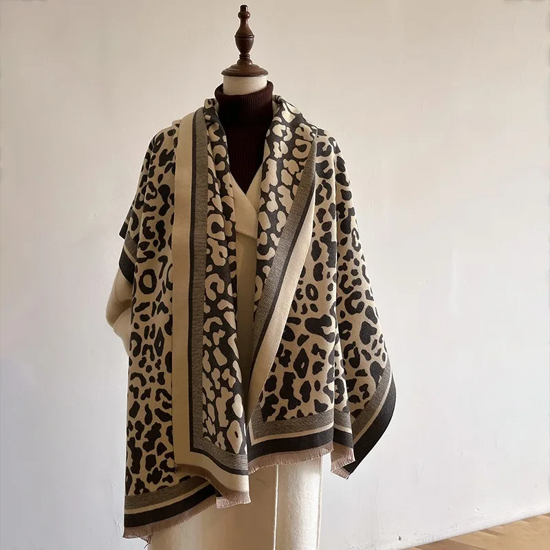 European Style Leopard Print Imitation Cashmere Scarf Warm Commuter Shawl Neck Wrap for Women Winter
