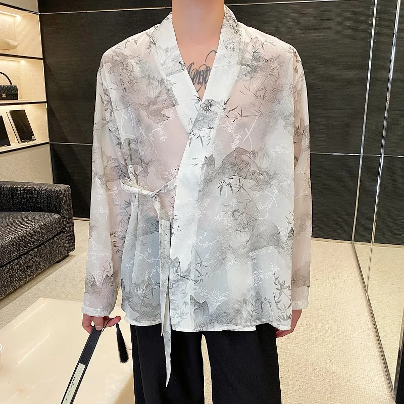 

New Chinese Sle Long Sve Men's irt Zen Meaning Side Buttoning Printed Design Thin Youth ular Loose Fit All Seasons