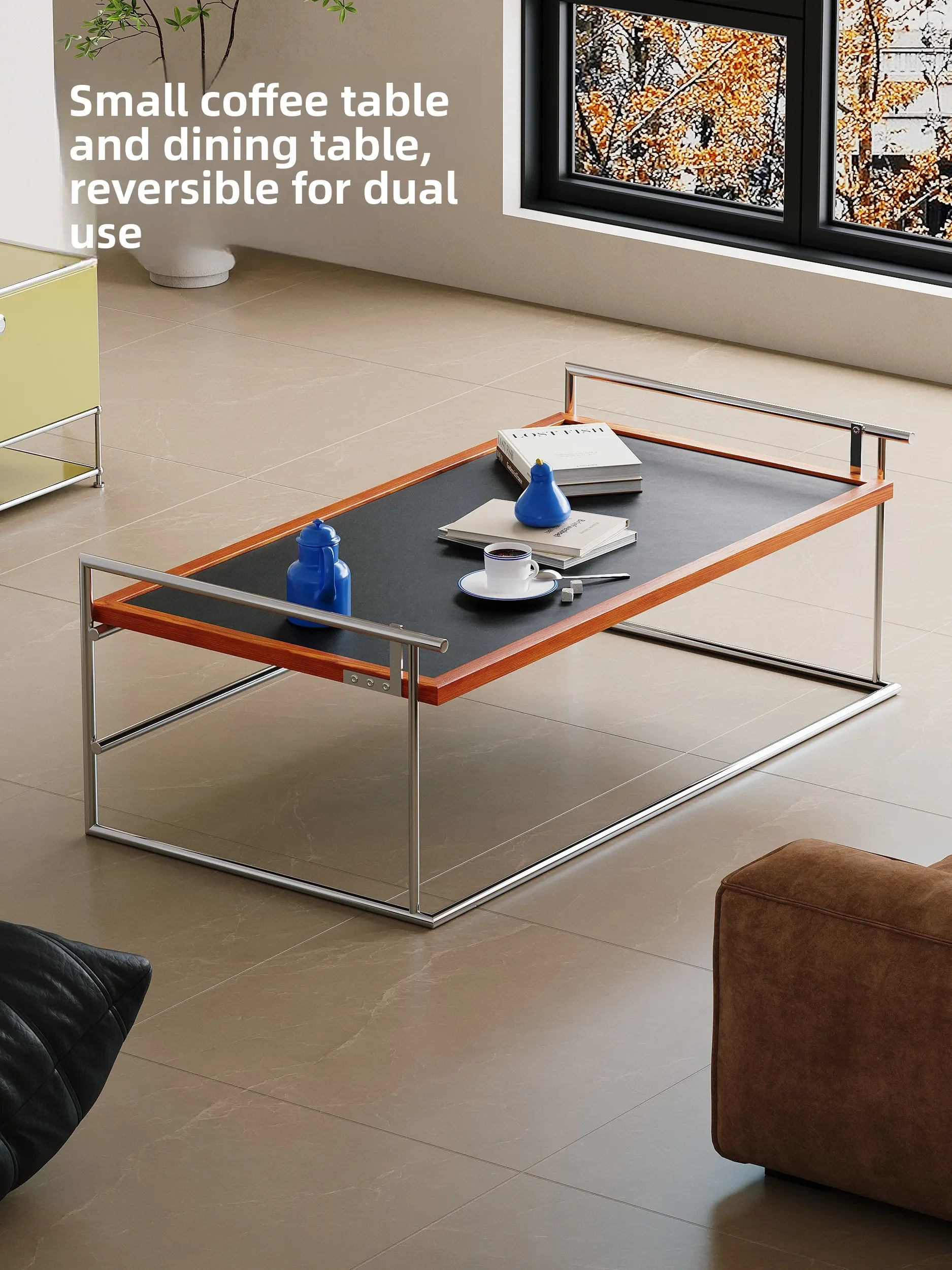 Bauhaus Inspired Rio Coffee Table Retro Solid Wood Stainless Steel Aesthetic Space Saving Tea Table For Small Living Rooms