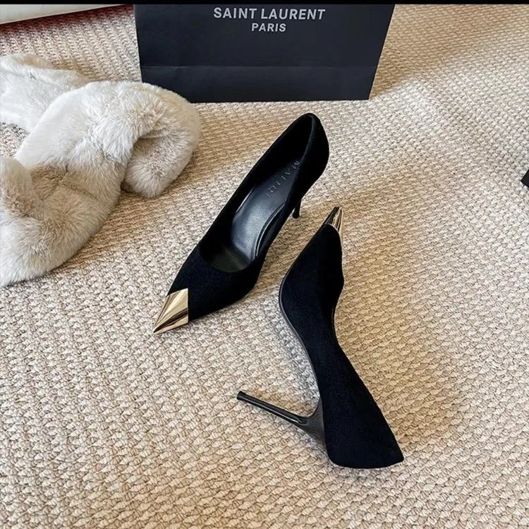 New Sexy Women's High Heels Women's Stiletto Houndstooth Color Matching Metal Pointed Shoes Wedding Women's Pumps Black Heels