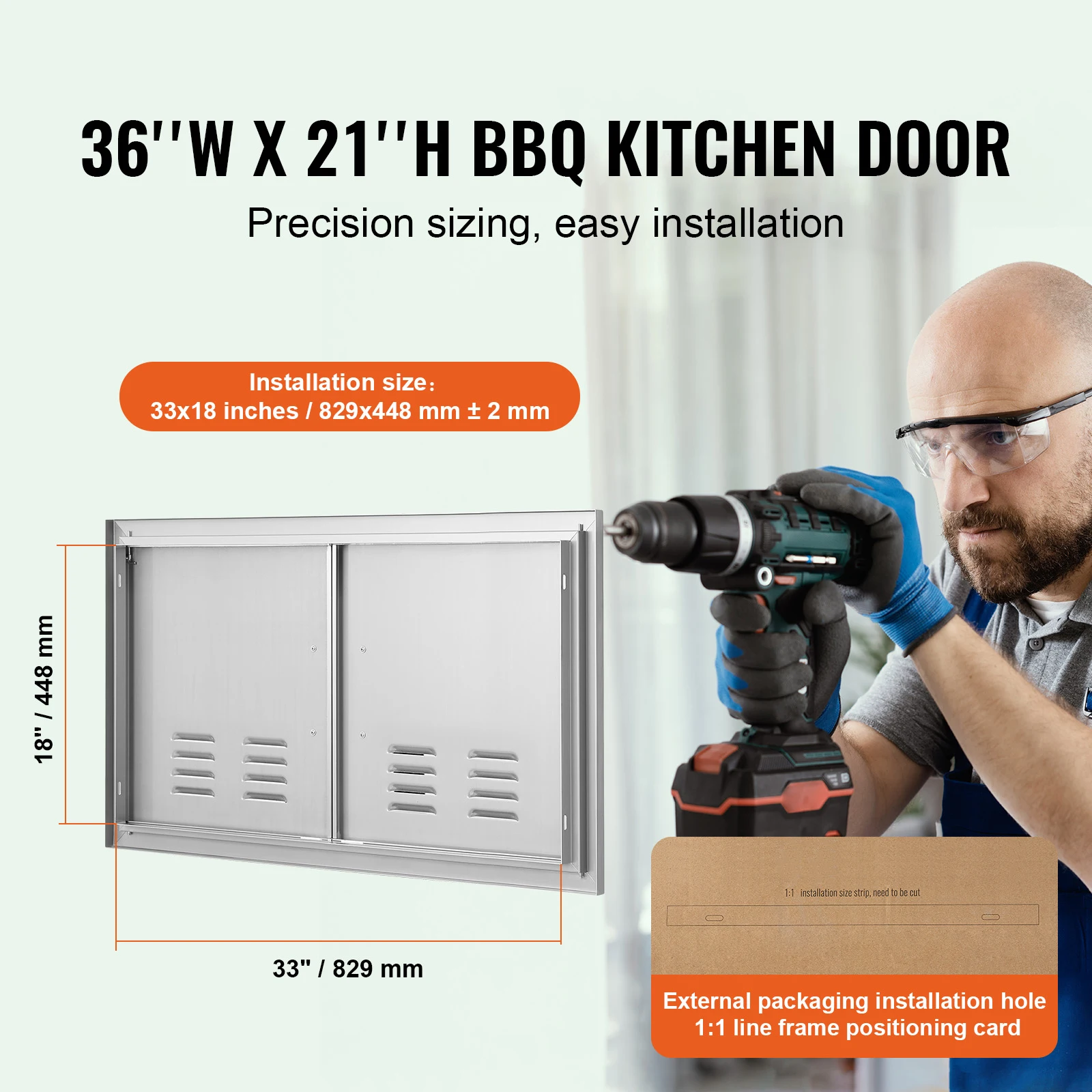 BBQ Access Door, 36W x 21H Inch Double Outdoor Kitchen Door, Stainless Steel Flush Mount Door, Wall Vertical Door with Handles and Vents, Grilling Station, Outside Cabinet, Designed for BBQ Island