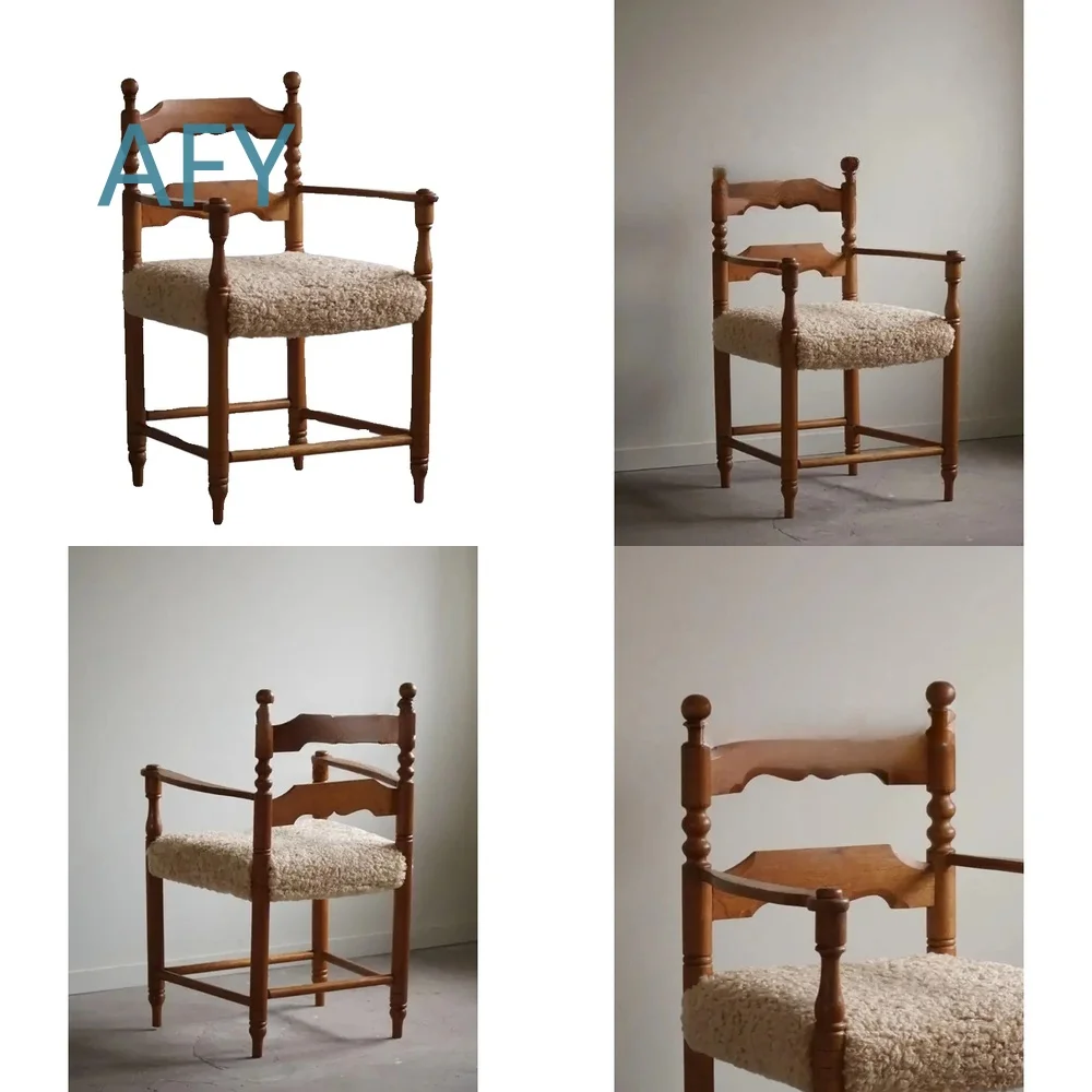 Medieval Solid Wood Carving Flower Armrest Book Chair for Home Dining Room Living Space Retro Decor Lamb Wool Fabric Backrest