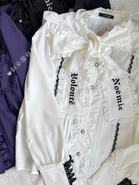 

Японская ретро готическая рубашка с рюшами на воротнике и галстуком-бабочкой Mine Series, женская рубашка с длинными рукавами, милые милые женские топы в стиле Лолиты