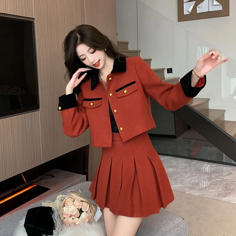 Casaco curto feminino e mini conjunto de saia linha A, senhora casual do escritório, elegante, novo designer, outono, inverno, 2 peças