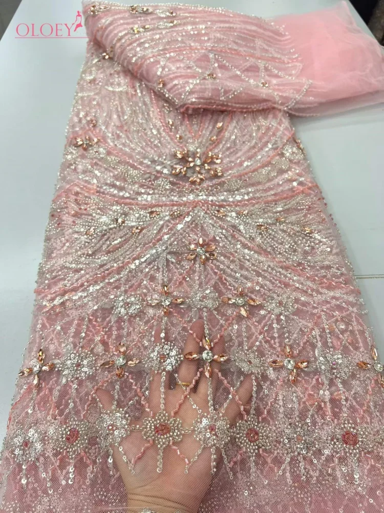 OLOEY Elegant African Nigerian Diamond Beaded Lace High-End Luxury French Sequins Mesh Lace Fabric Women Evening Dress Party view 2