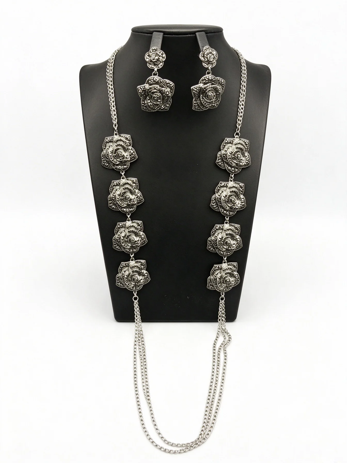 Women Rose Rhinestone Body Chain Set, Silver Flower Crystal Harness Body Jewelry with Earrings for Wedding Party Nightclub Beach