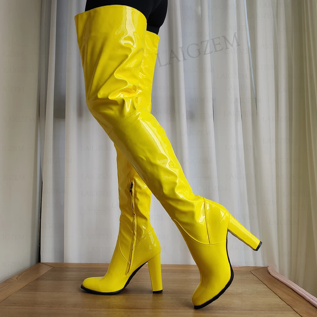 ZHIMA Women Thigh High Boots Round Toe Shiny Thick High Heels Over Knee Boots Handmade Ladies Shoes Woman Big Size 41 44 47 52