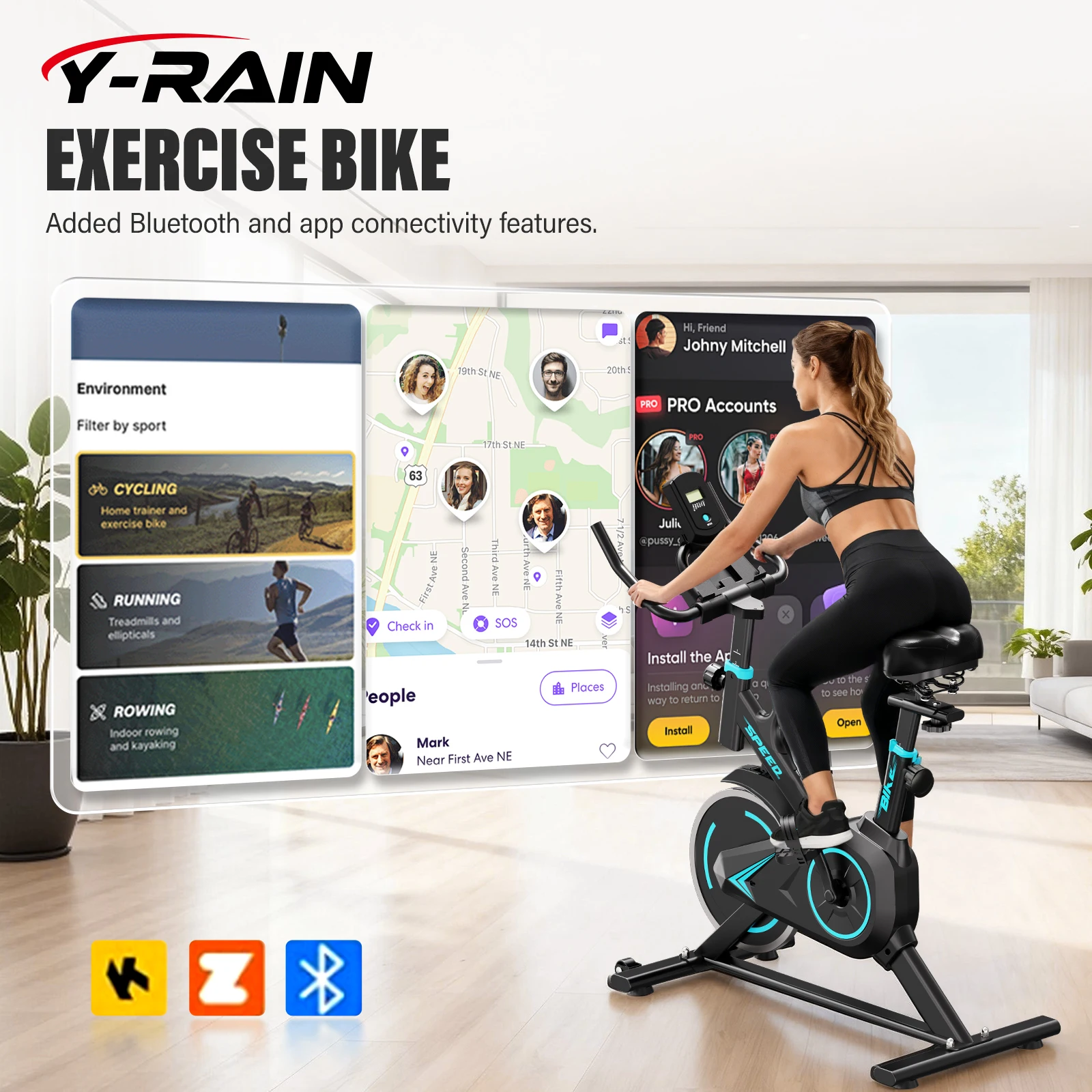 Bicicleta Estacionária Y-RAIN para Exercícios em Ambiente Interno, Assento e Guidão Ajustáveis em Altura, APP, Monitor LCD, Carga Máxima 120KG