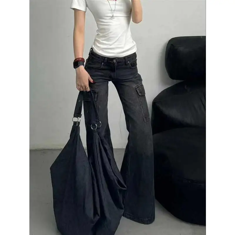 Retro Black Wide Leg Jeans Women High Waist Baggy Denim Trousers with Multi-Pockets for Winter