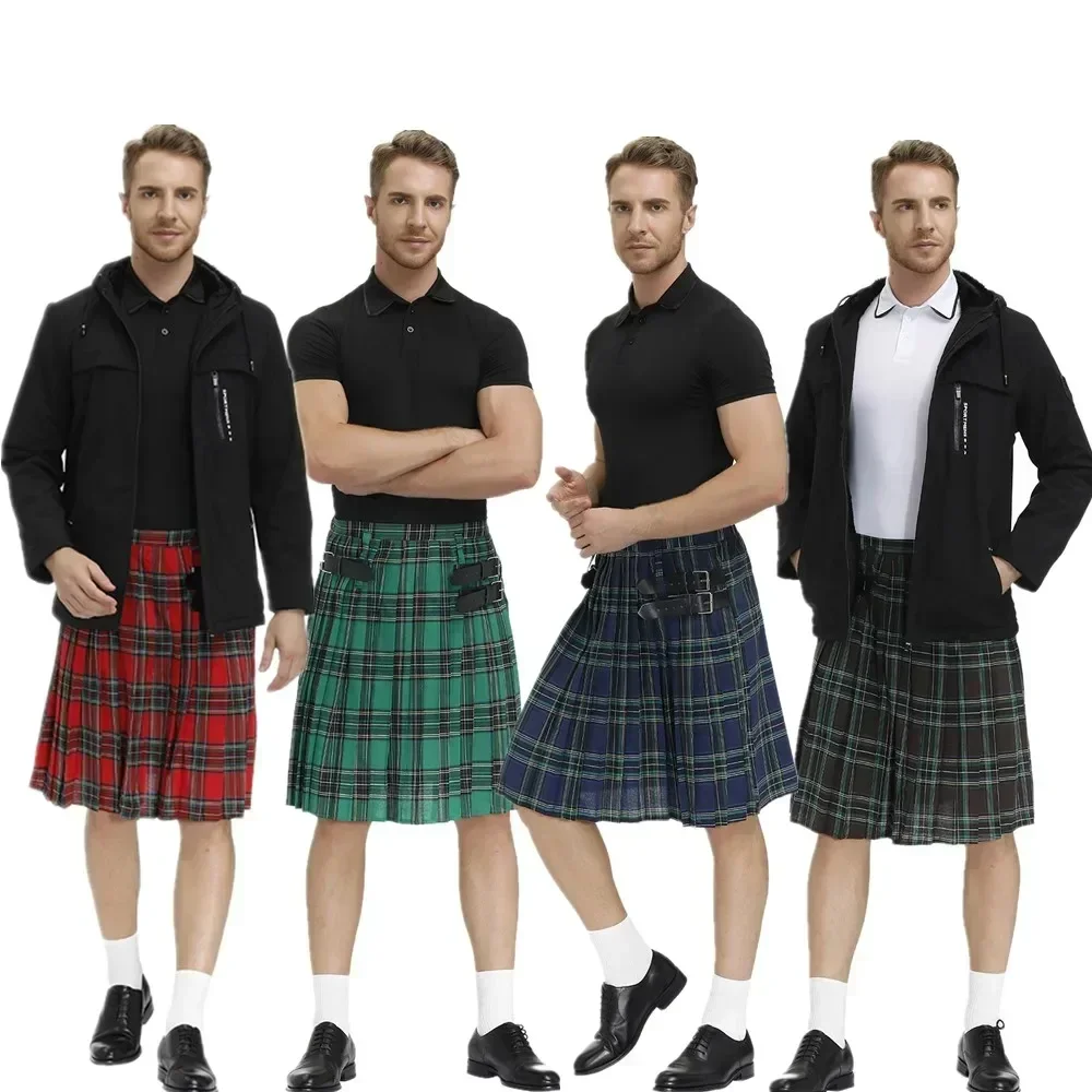 Men's Plaid Pleated Skirt Scottish Holiday Kilt Costume Traditional Costume Stage Performance Skirt Red Blue Green Brown