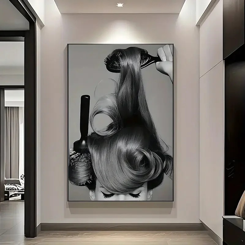 Unframed modern art print - elegant woman with hair cutting tools, black and white design, perfect for home decor, living room