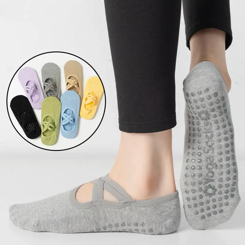 ถุงเท้าโยคะเต้นรำกันลื่นแบบมีสายรัดหลังสำหรับผู้หญิง พื้นซิลิโคน สำหรับพิลาทิส บัลเลต์ ฟิตเนส