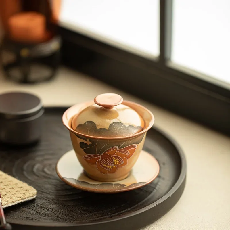 90ML Jingdezhen Handmade Firewood Burning Pure Hand-painted Ink Color Sancai Cover Bowl Retro Lotus Flower Small Bubble Tea Bowl