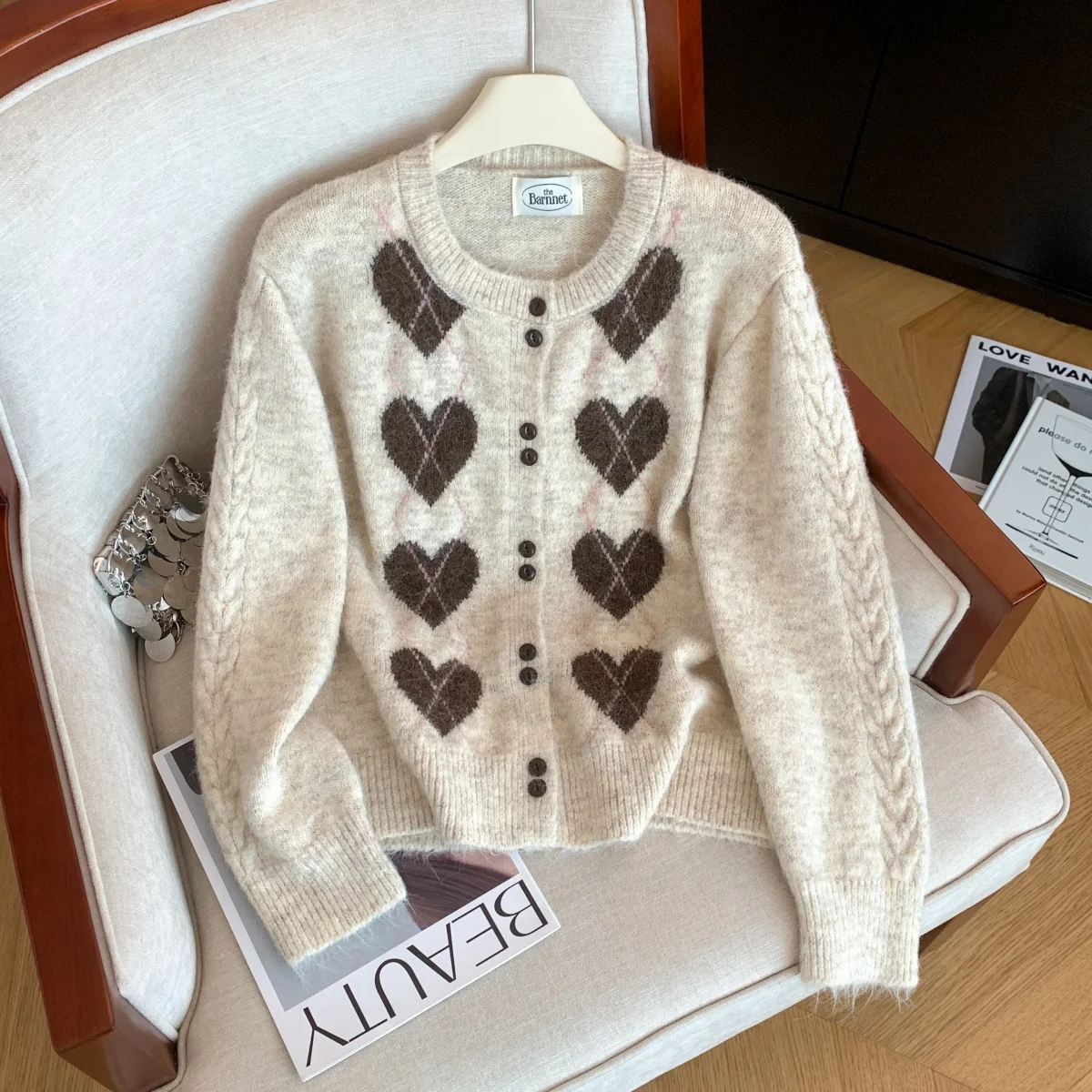 

Women's Apricot Knit Cardigan Sweater with Heart Pattern 2000s Vintage Jumper Knit Long Sleeves Cashmere Sweater for Women 2025