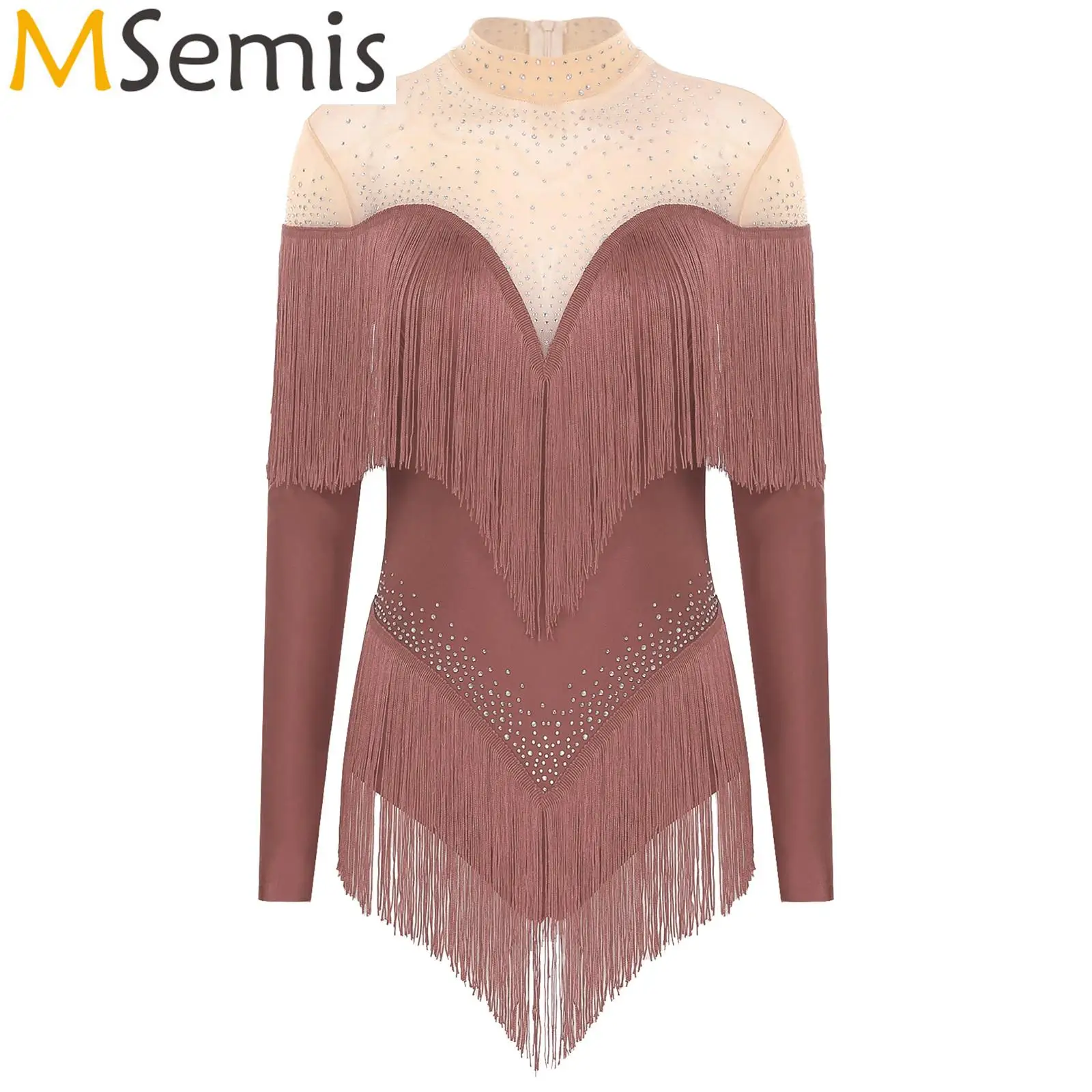 Womens Shiny Rhinestones Gymnastics Figure Ice Skating Costume Tassel Latin Ballet Dance Leotard Long Sleeve Sheer Mesh Bodysuit