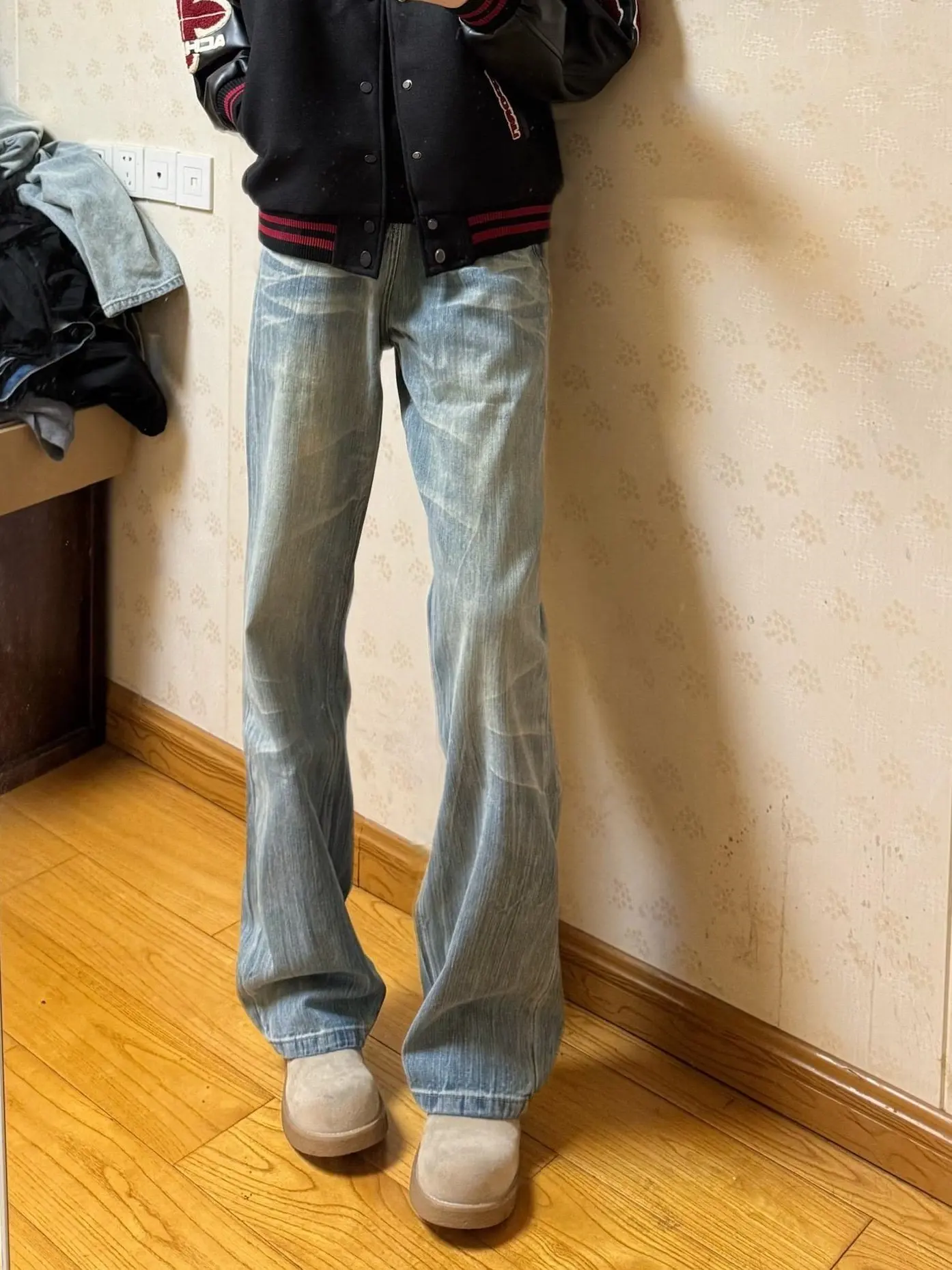 

Cleanfit American High Street Retro Lightning Pattern Mustache Flared Jeans Men Slim Straight Leggings Long Trousers Trendy