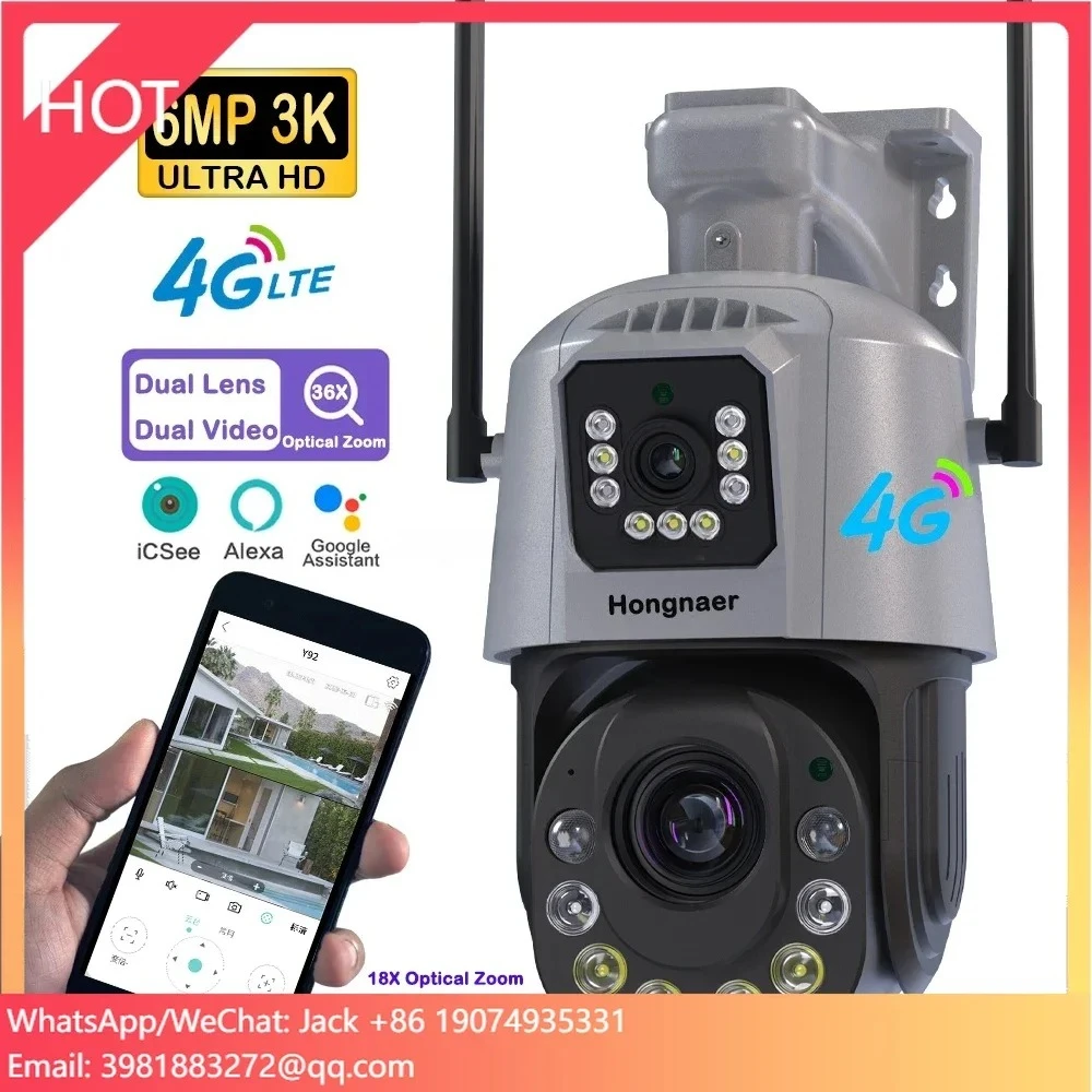 Hongnaer 36X Zoom Óptico 4G LTE Sem Fio Smart Home PTZ Câmera de Vigilância CCTV 4K ICSee 4G Cartão Sim Câmera de Segurança de Lente Dupla