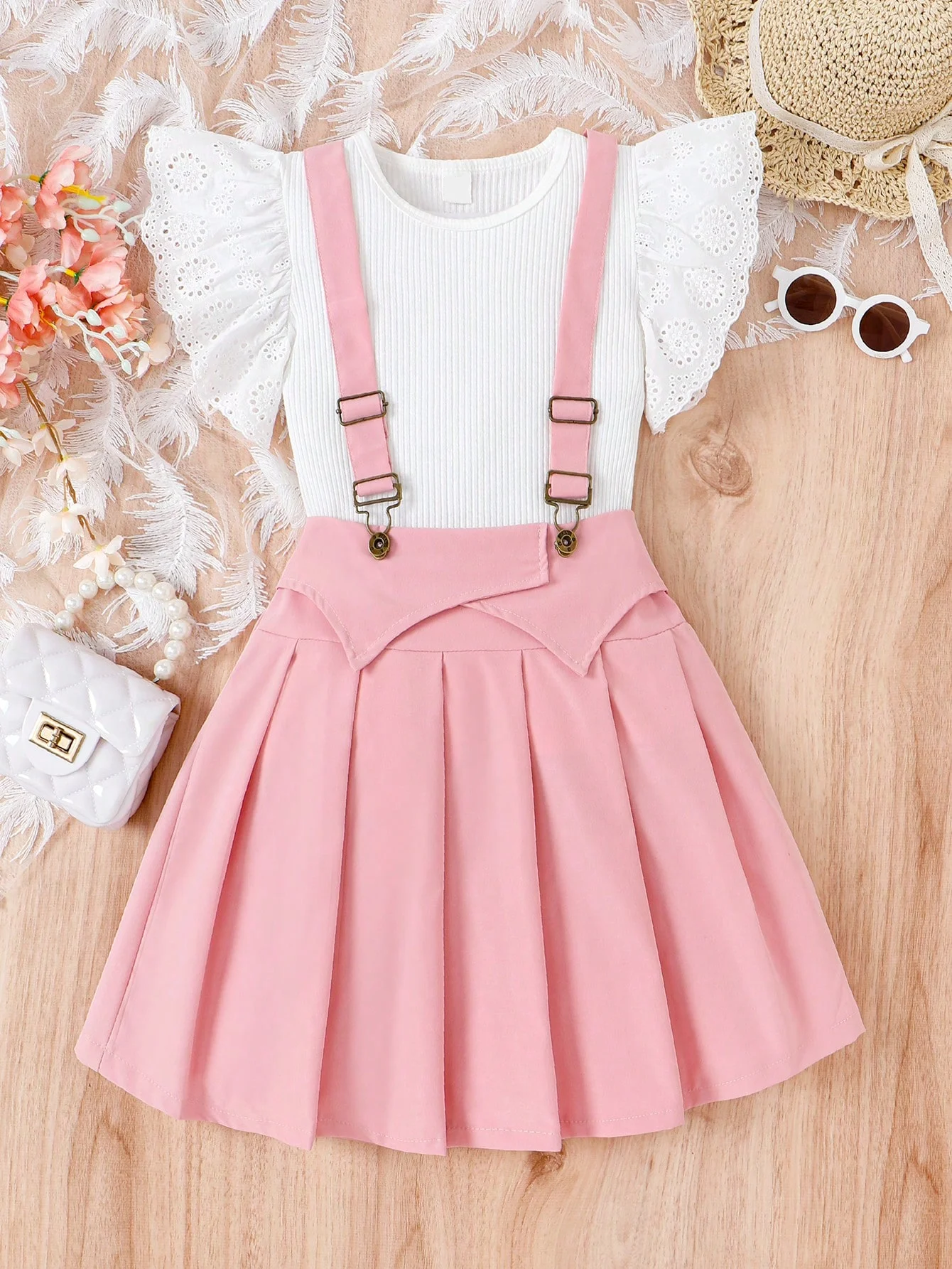 Girls' Sweet Spring Summer White Ruffled Flutter Sleeve Top + Camisole Pleated Dress Two-Piece Set