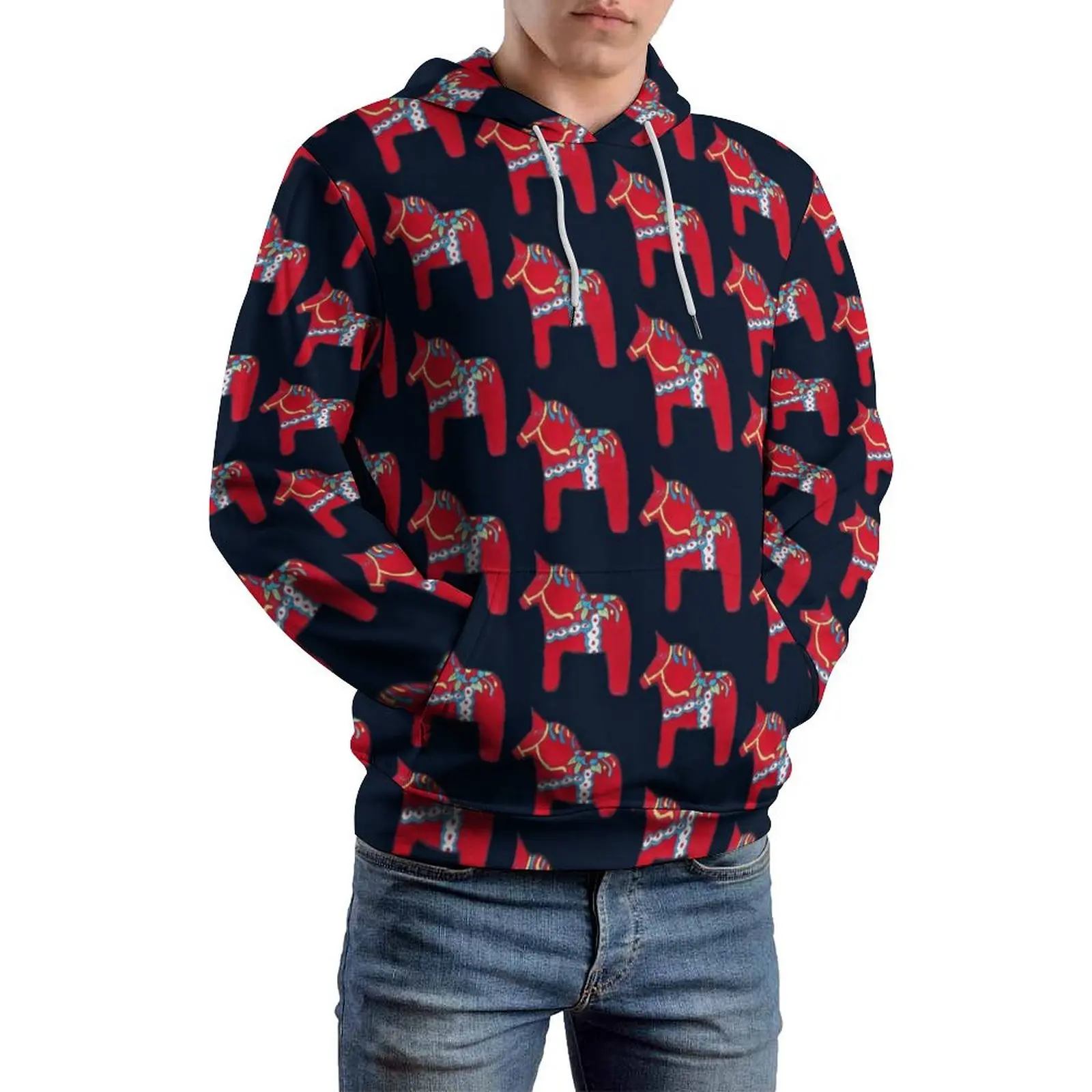 Dala Horse Loose Hoodies Retro Animal Print Casual Pullover Hoodie Men Long Sleeve Funny Design Hooded Sweatshirts Big Size