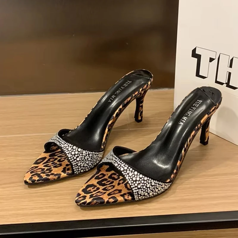 

Leopard High Heels Slippers Crystal Women's Heeled Sandals Elegant Shoes 2025 Pumps Designer Luxury Party Sandalias De Mujer