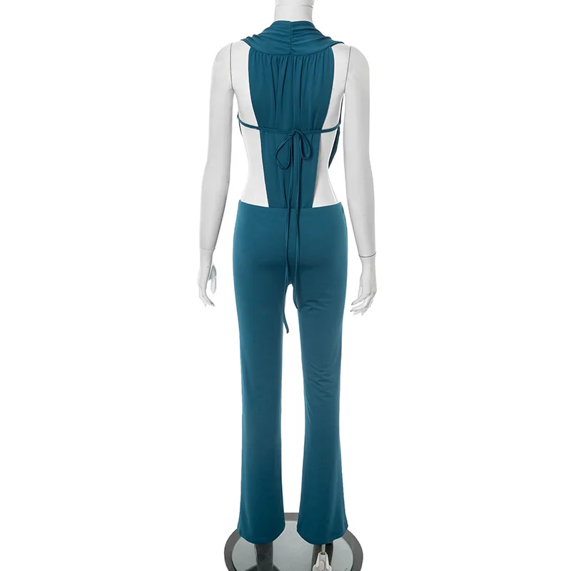 딥 V넥 슬리브리스 백리스 러플 레이스업 바디수트 탑 + 로우 웨이스트 플레어 팬츠 여성 솔리드 투피스 세트 클럽웨어 슈트