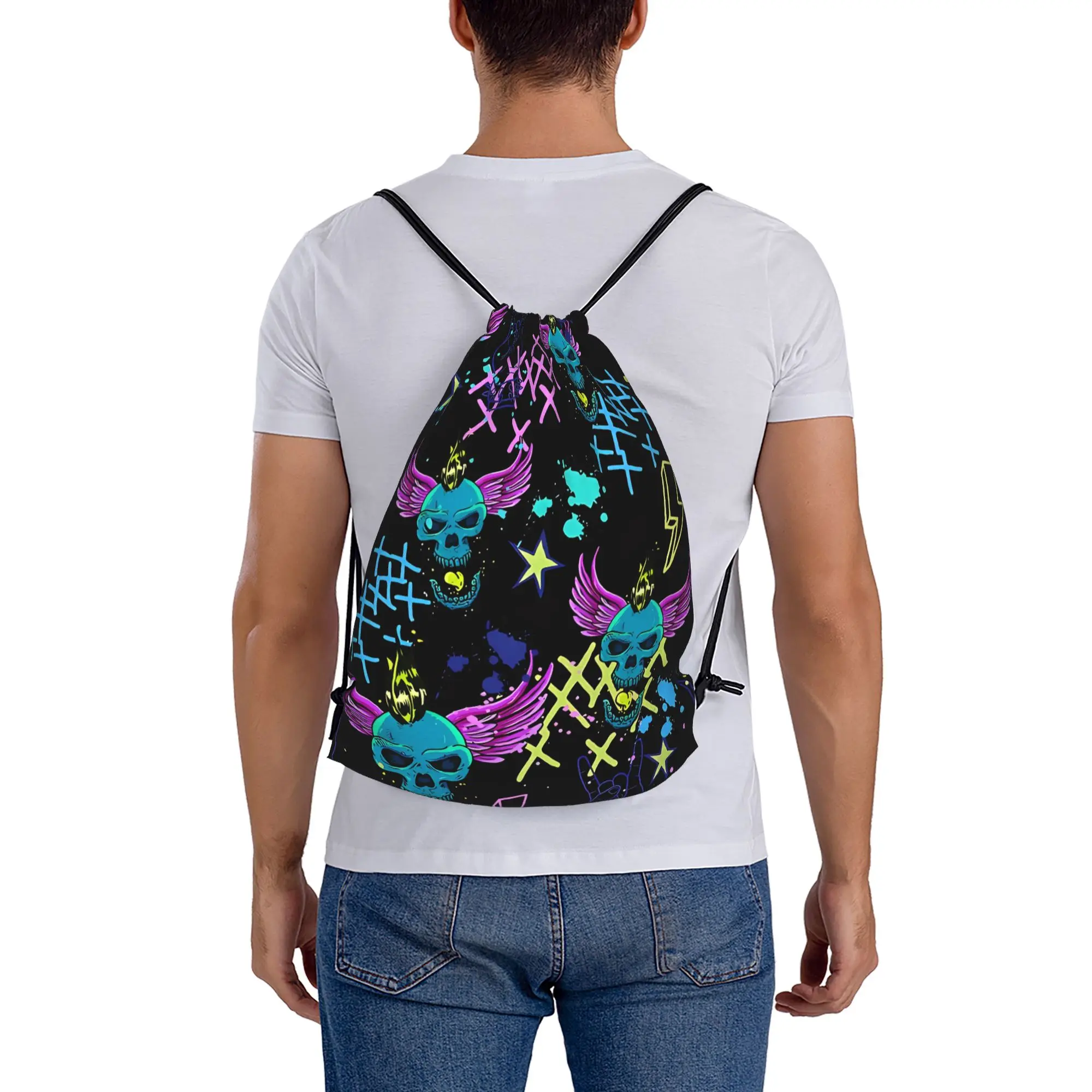 Y2K Neon Punk Graffiti Portable Hiking Riding Gym Drawstring cool gift Storage Backpacks view 5