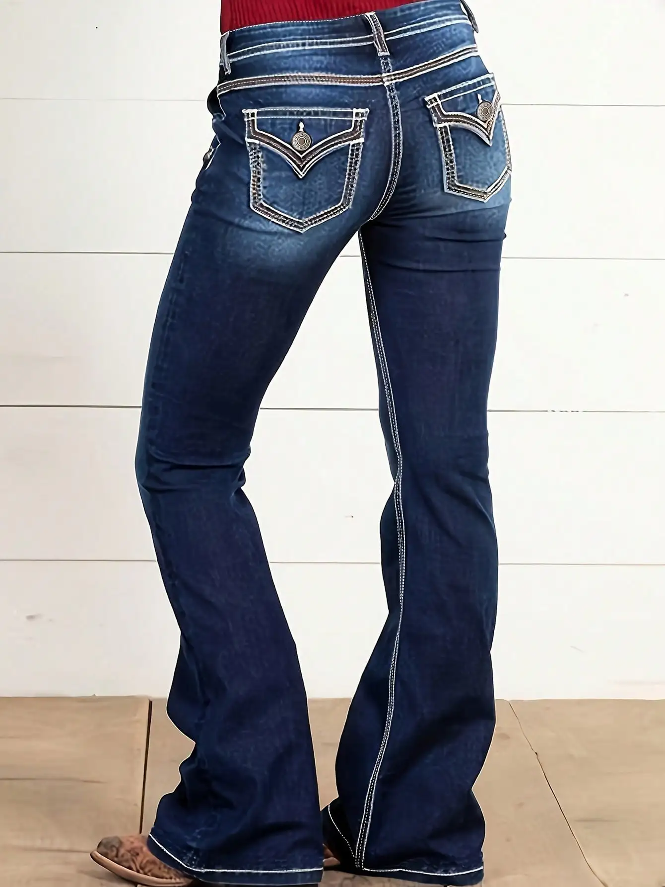 WGXWGX Women's High  Waisted Flare Jeans 2025 Trendy Embellished Button  Stretch Denim Contrast Stitch Full  Length Pants