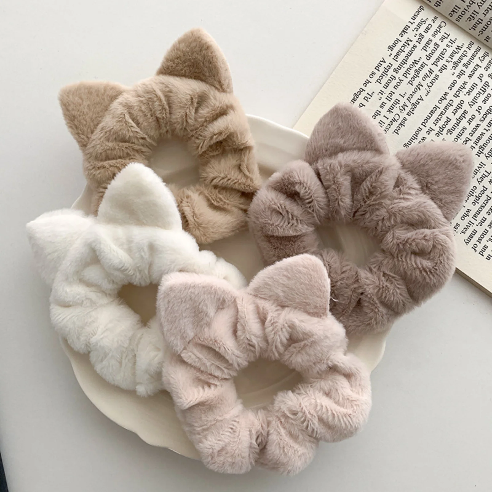 

4 Pcs Korean-Style Fluffy Cute Cat Plush Scrunchies, Autumn & Winter Hair Accessories, Elastic Hair Bands for Girls