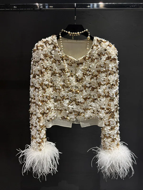 

Высококачественная тяжелая вышивка бисером, стразы, блестки, рукав, страусиное перо, куртка с длинными рукавами, мини-юбка, комплект из двух предметов для женщин