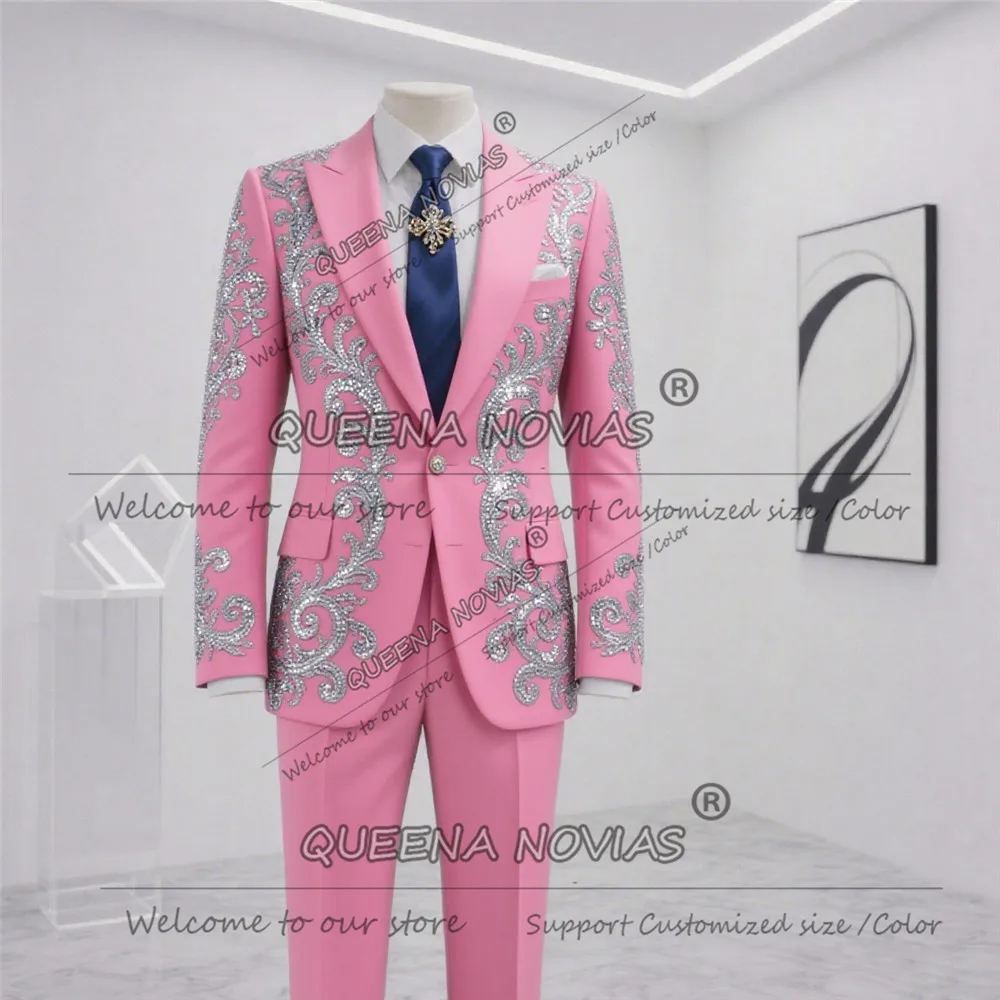 

Мужской модный розовый костюм, наряд с кристаллами из бисера, свадебные смокинги для жениха, индивидуальные комплекты из 2 предметов, однобортный пиджак для выпускного вечера, наряд
