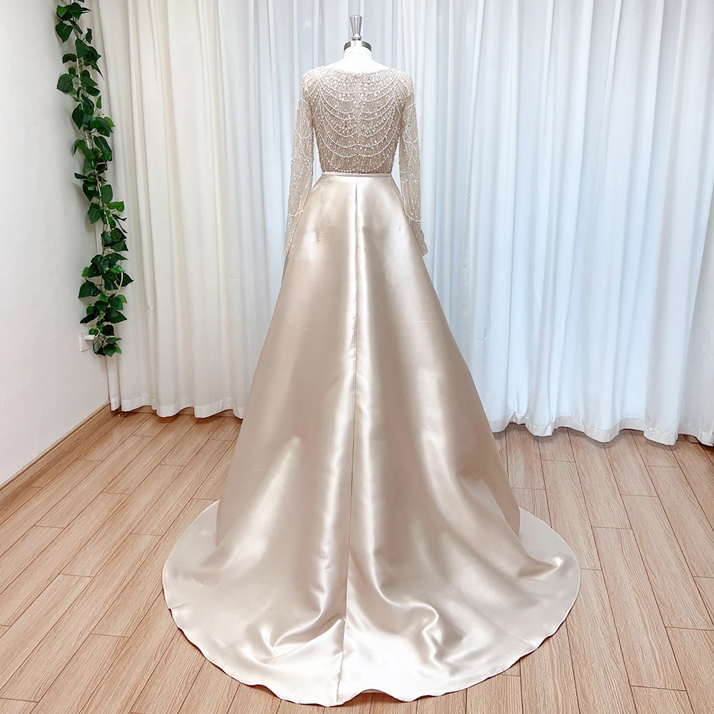 Elegant Pearl Evening Dress for Women with Detachable Skirt Luxury Arabia Long Sleeves Formal Prom Wedding Party Gown Customized image 3
