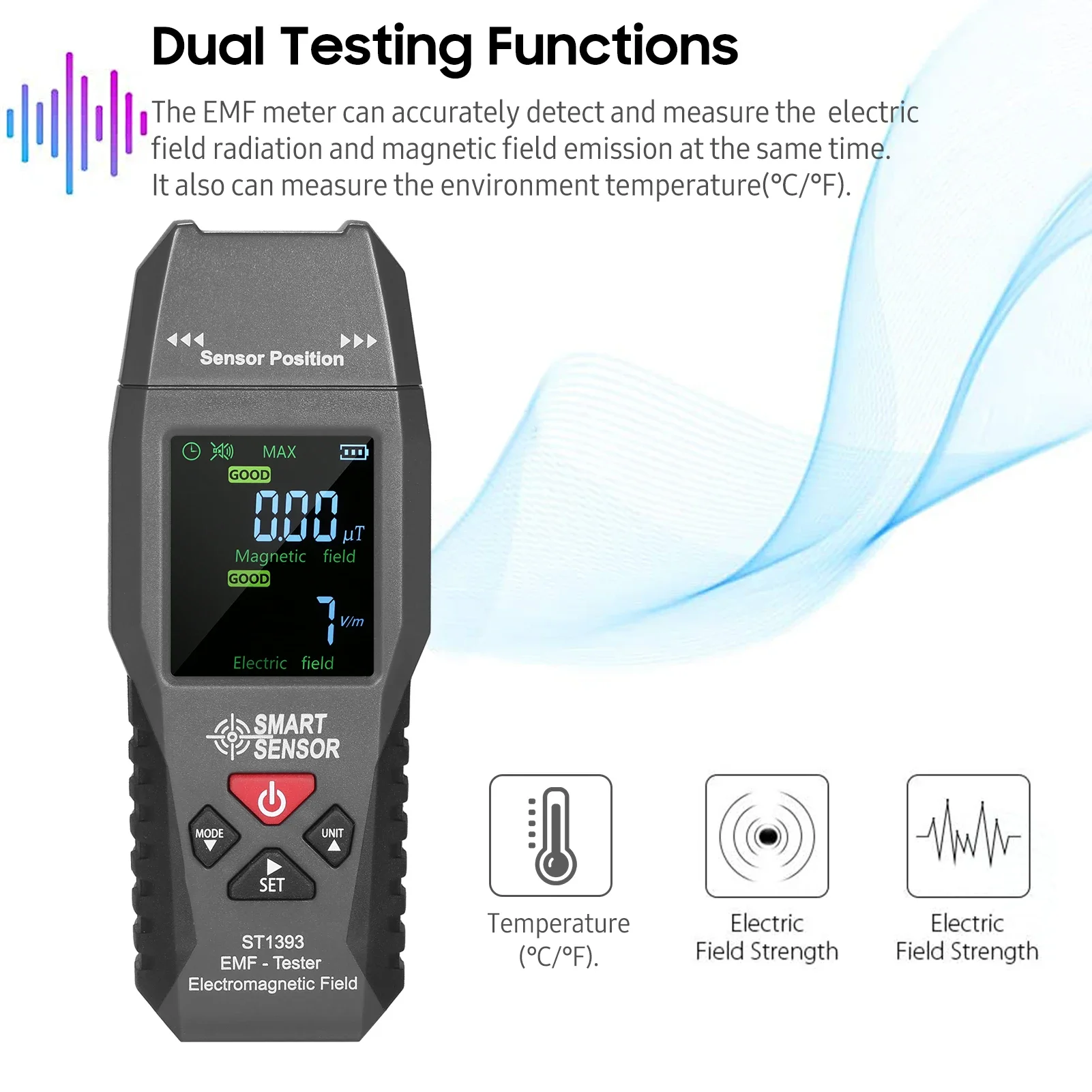 ST1393 Digital Electromagnetic Field Radiation Detector Magnetic Field Electric Field Strength Tester Handheld LCD EMF Meter