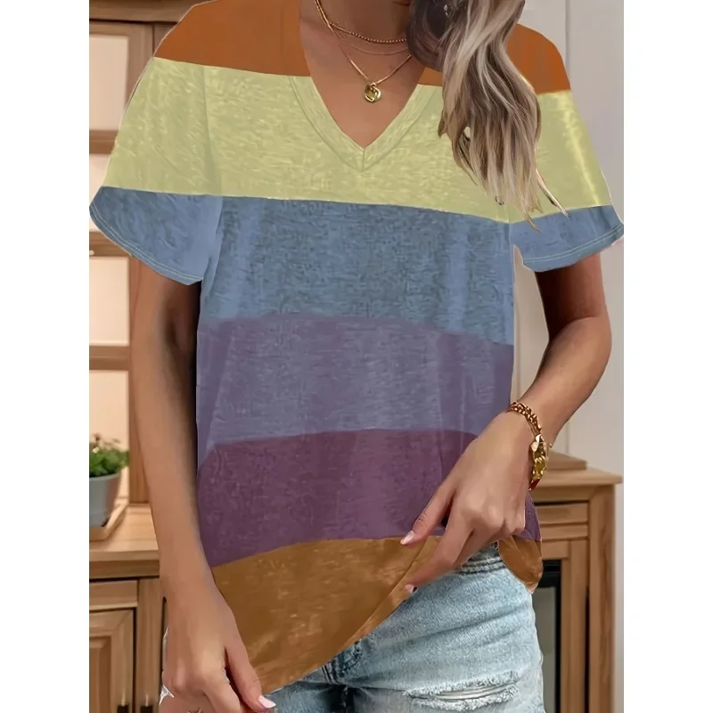 

Plus Size 1Xl-5XL New Summer Women's Fashion Striped Print T-Shirt Ladies Casual V Neck Short Sleeve Loose T-Shirt