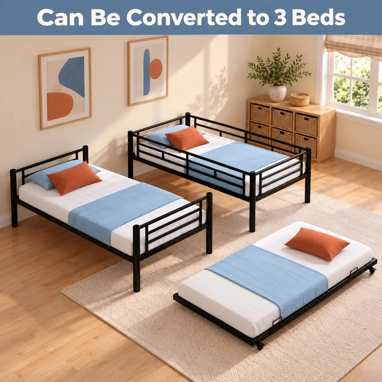 Metal Bunk Bed with Trundle & Guardrail, Twin Frame for Kids Teens Adults, Split Into 3 Beds No Box Spring, Black, Customized