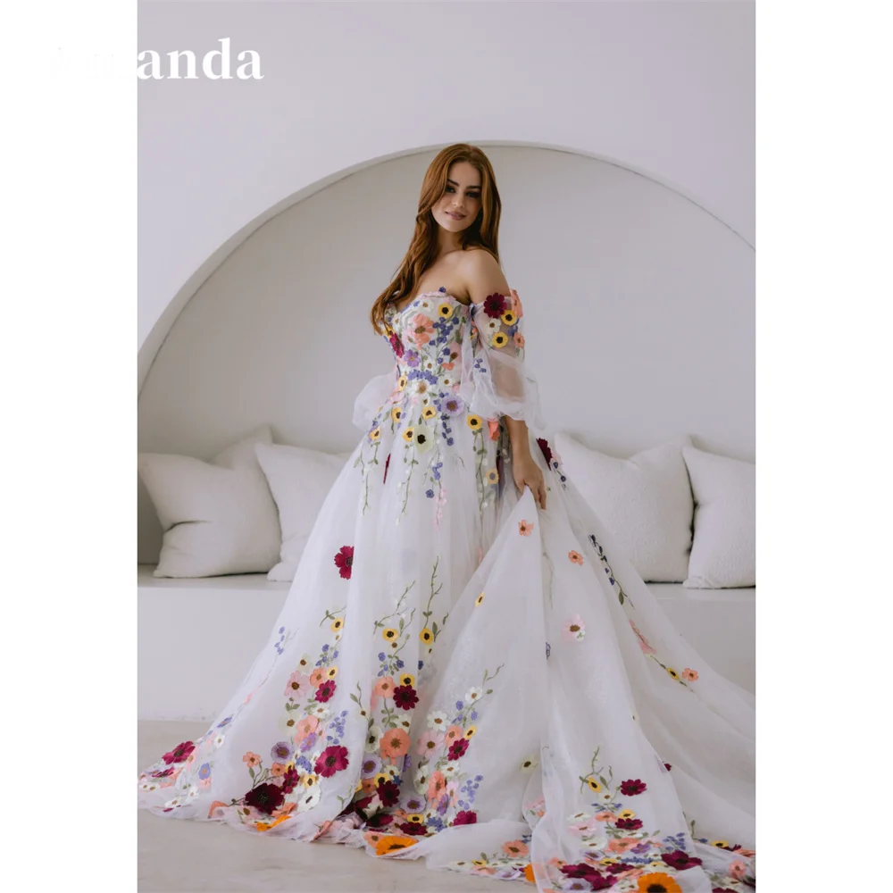 Amanda Dostosowane kwiaty Koronkowy haft Tiulowa sukienka na studniówkę Odpinany tren Vestidos de fiesta A-line فستان حفلات الزفاف