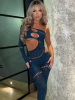 Whatiwear Rhinestones Patchwork Jumpsuit Women Sexy Hollow Skew Collar Single Sleeve Hottie Midnight Club Party Coquett Overalls 4