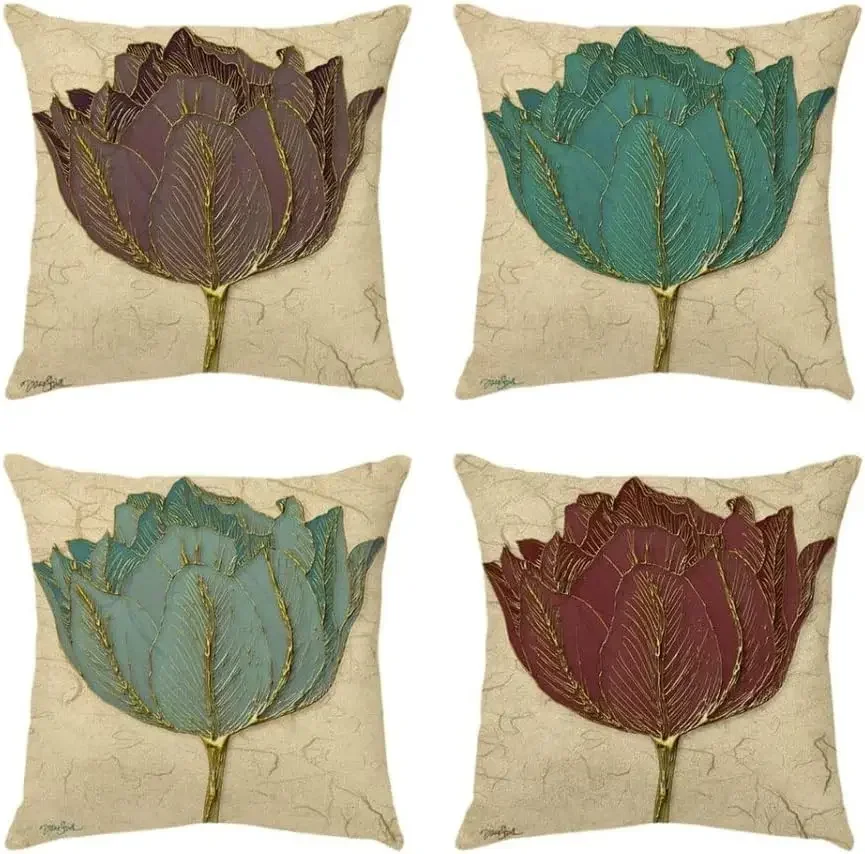 Pillowcase Red and Purple Flowers Pillow Cover Green Garden Linen Seat Cover Home Garden Decoration Couch Pillow