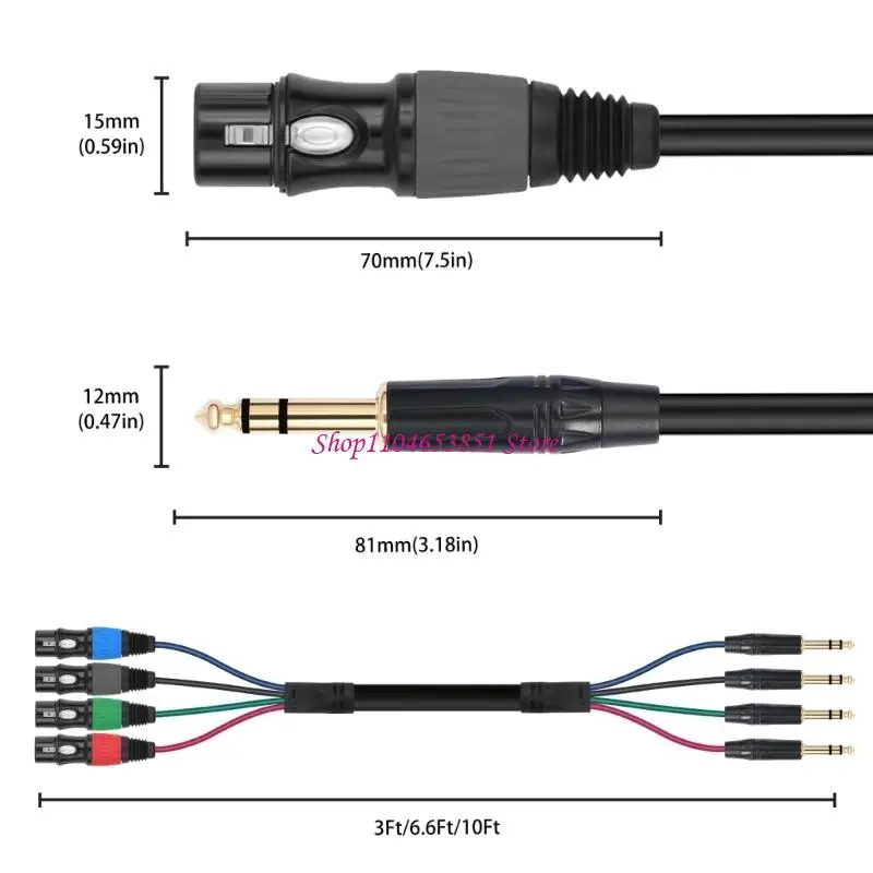4-Way XLR Female to 6.35MM Male Phone Plugs Snake Cable with Latching Ends and Distinct Channel Markers for Studio Routing