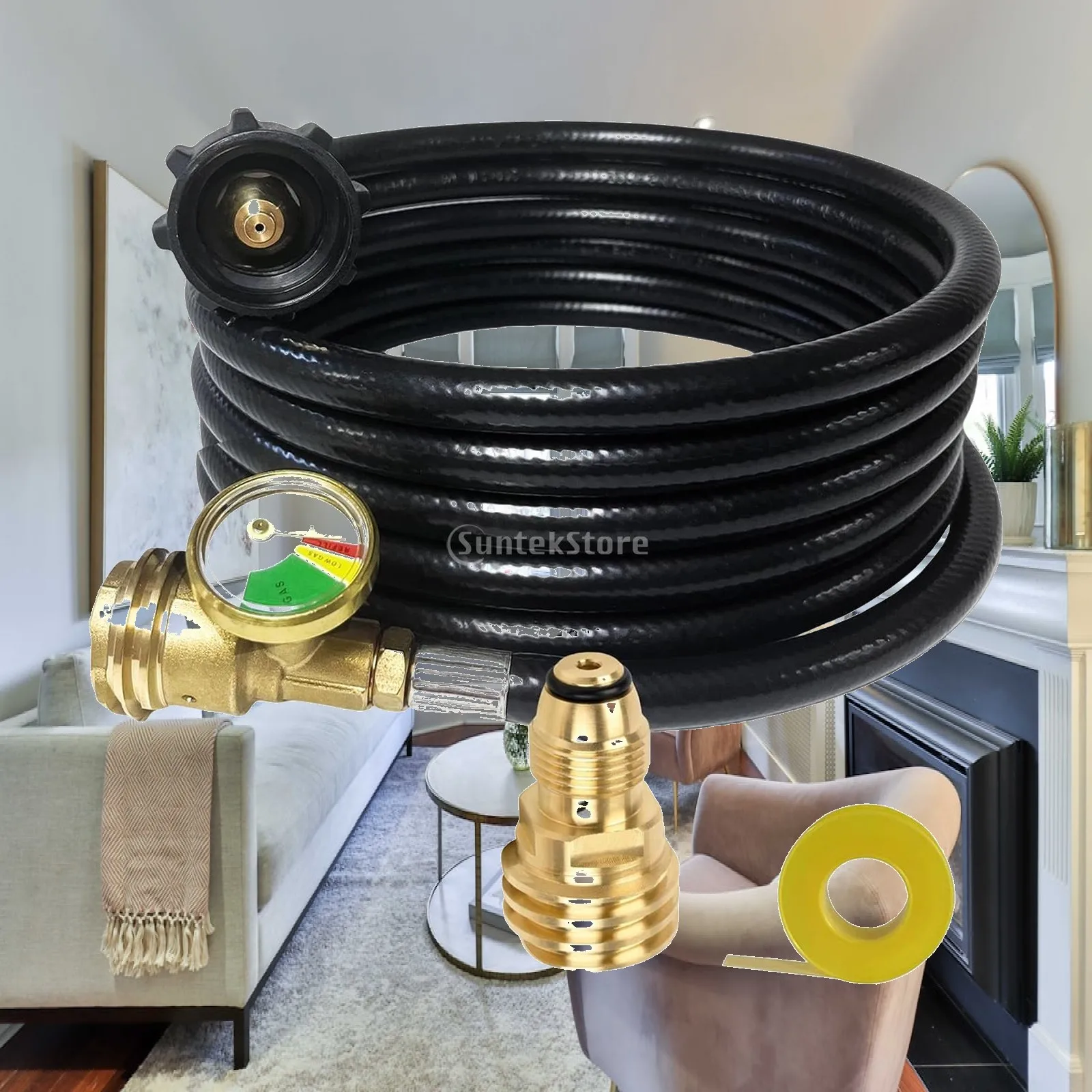 Extended Propane Hose with Pressure Monitor BBQ Gas Grill Replacement for Outdoor Camping Fire Pit Heater