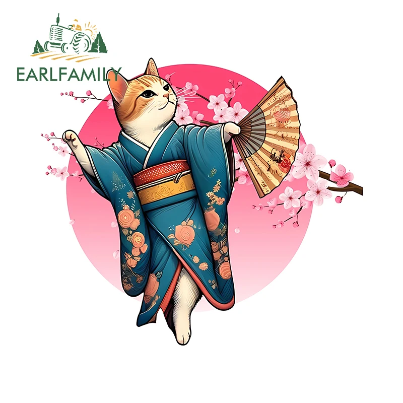 

EARLFAMILY Kawaii Style Kimono Cat Car Stickers Artistic Personality Graffiti Wardrobe Trunk Decals Sunscreen Car Accessories