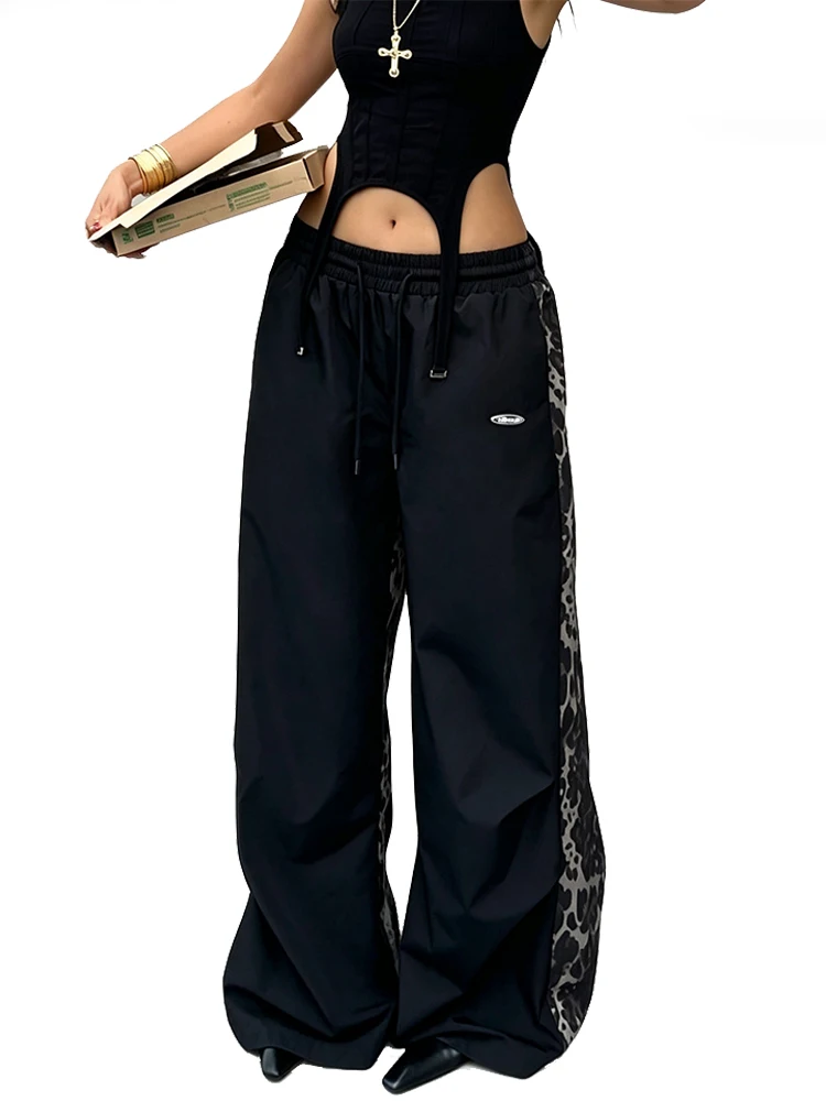 Y2K ヒョウ柄ワイドレッグパンツ ドローストリング付き ウエストゴム ルーズ バギー カジュアルパンツ アメリカン ストリートウェア ヒップホップ ヴィンテージ 1