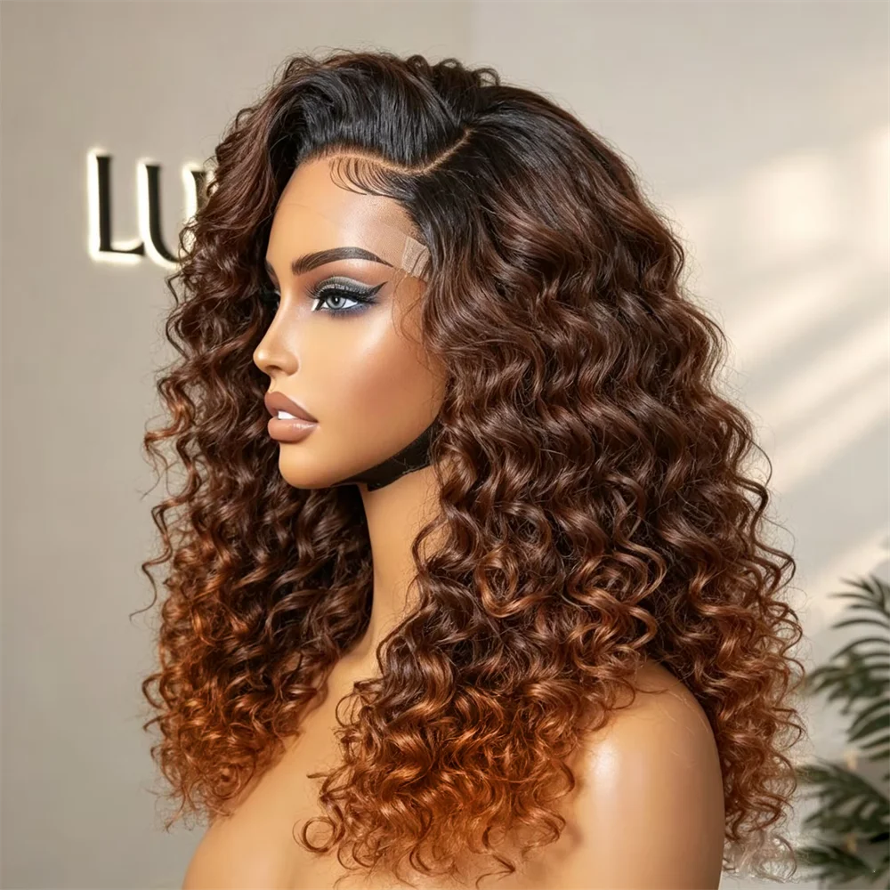 

Glueless Ombre Brown 26 Long Soft Natural Preplucked kinky Curly 180Density Lace Front Wig Synthetic For Women Heat Resistant