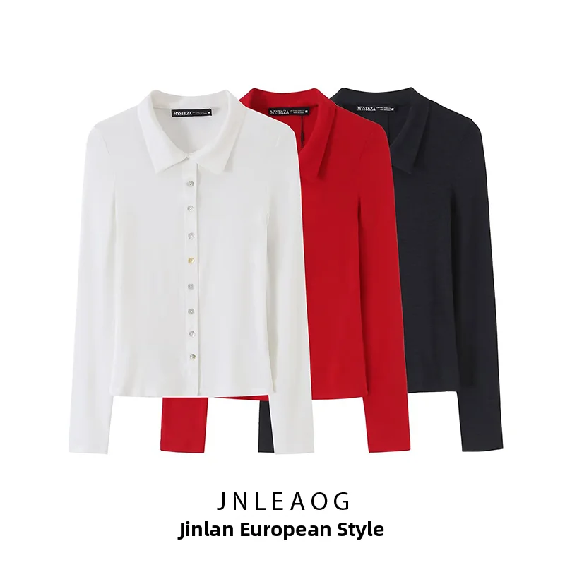 JNLEAOG Autumn New Women's Casual Long Sleeve Turn-down Collar Three-color Button-up Top Standard Fit Polyester Short Coat