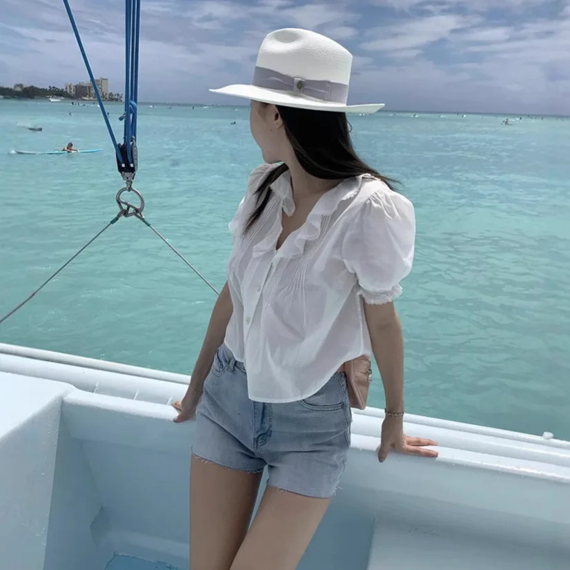 قميص نسائي صيفي من Tannat H25 Dongda Gate كاجوال متعدد الاستخدامات من القطن الخالص بحاشية مكشكشة ورقبة على شكل حرف v وأكمام ق...
