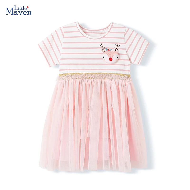 Little maven Kids Clothes Children's Clothing Baby Girls 2025 Summer Striped Cotton Cartoon Deer Mesh Dresses New Year Gifts