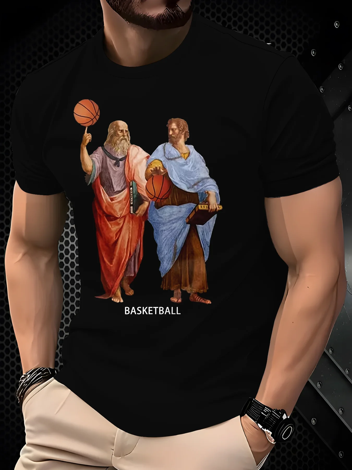 T-shirt à imprimé basket original avec motifs de style artistique rétro, vêtements pour hommes à manches courtes tendance et uniques