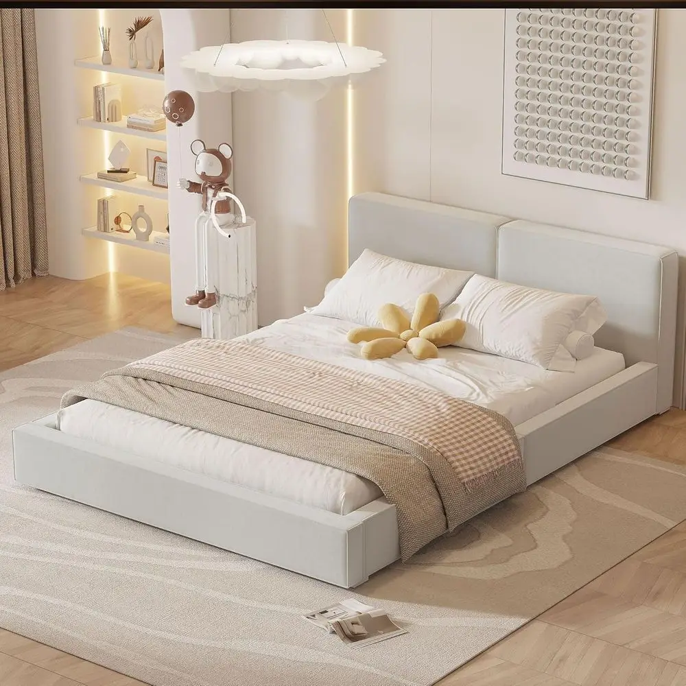 

Upholstered Platform Bed with Thick Fabric Panel, Suitable for Kids and Adults, Beige Queen Size